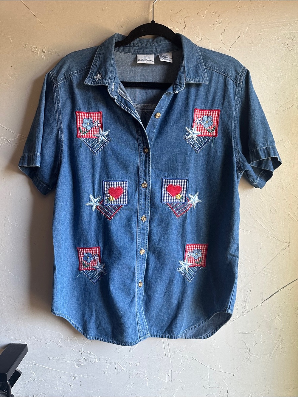 Vintage 90s Bobbie Brooks Denim Shirt Americana Patchwork Appliqué Novelty Sz M